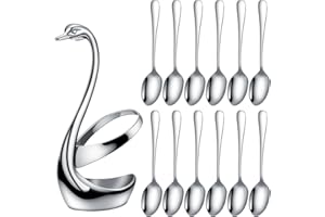 AnSaw 12-Piece 18/8 Stainless Steel 5.6-inch Coffee Spoons with Silver Small Swan Base Holder Set, Dessert Spoons, Tea Spoon Set，Dishwasher Safe