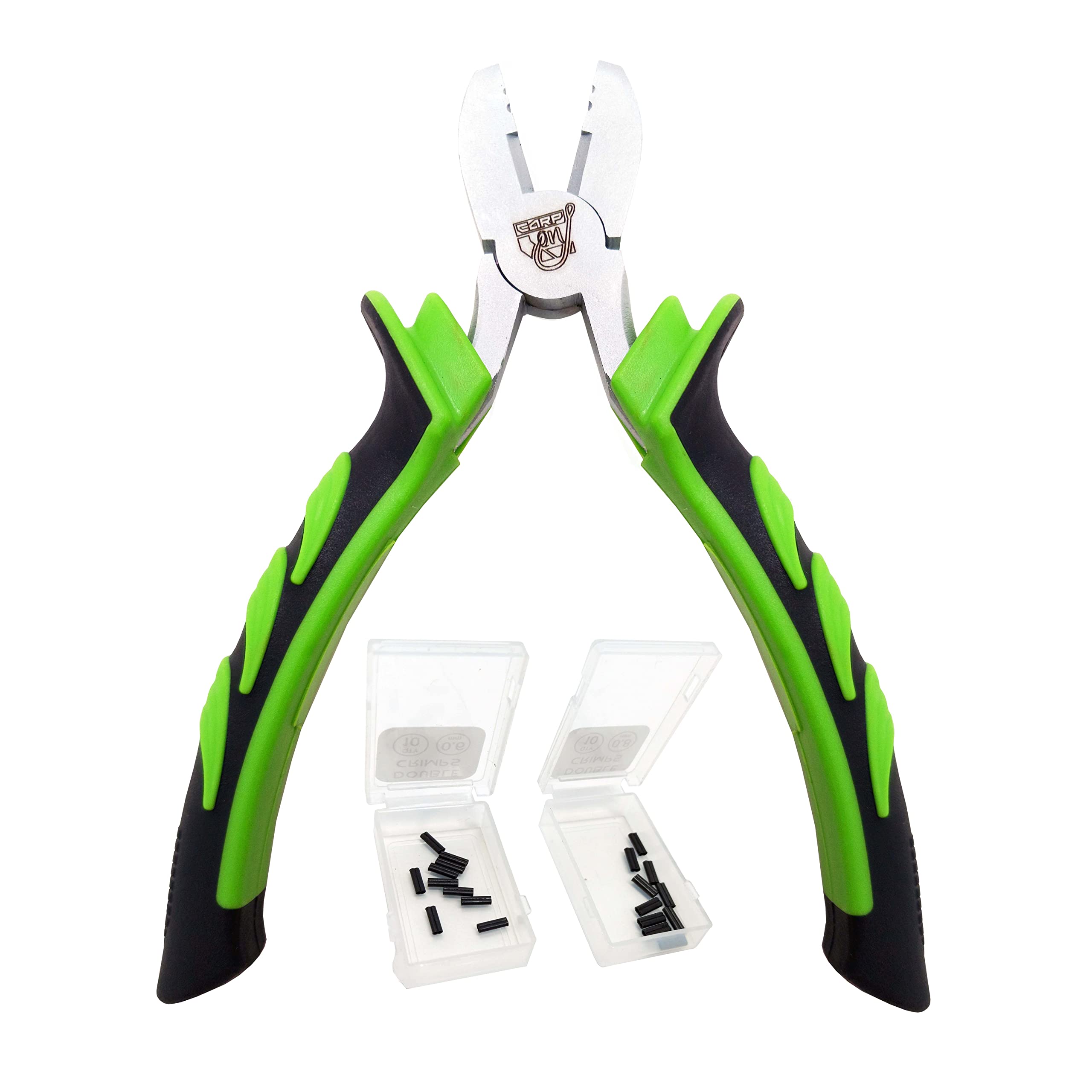 CARP ON- Fishing Crimp Plier Tool Set Includes 5 Inch Pliers with Nickel Jaws & 2 Sizes of Double Crimps - Terminal Tackle for Making Carp Rigs [28-0007]