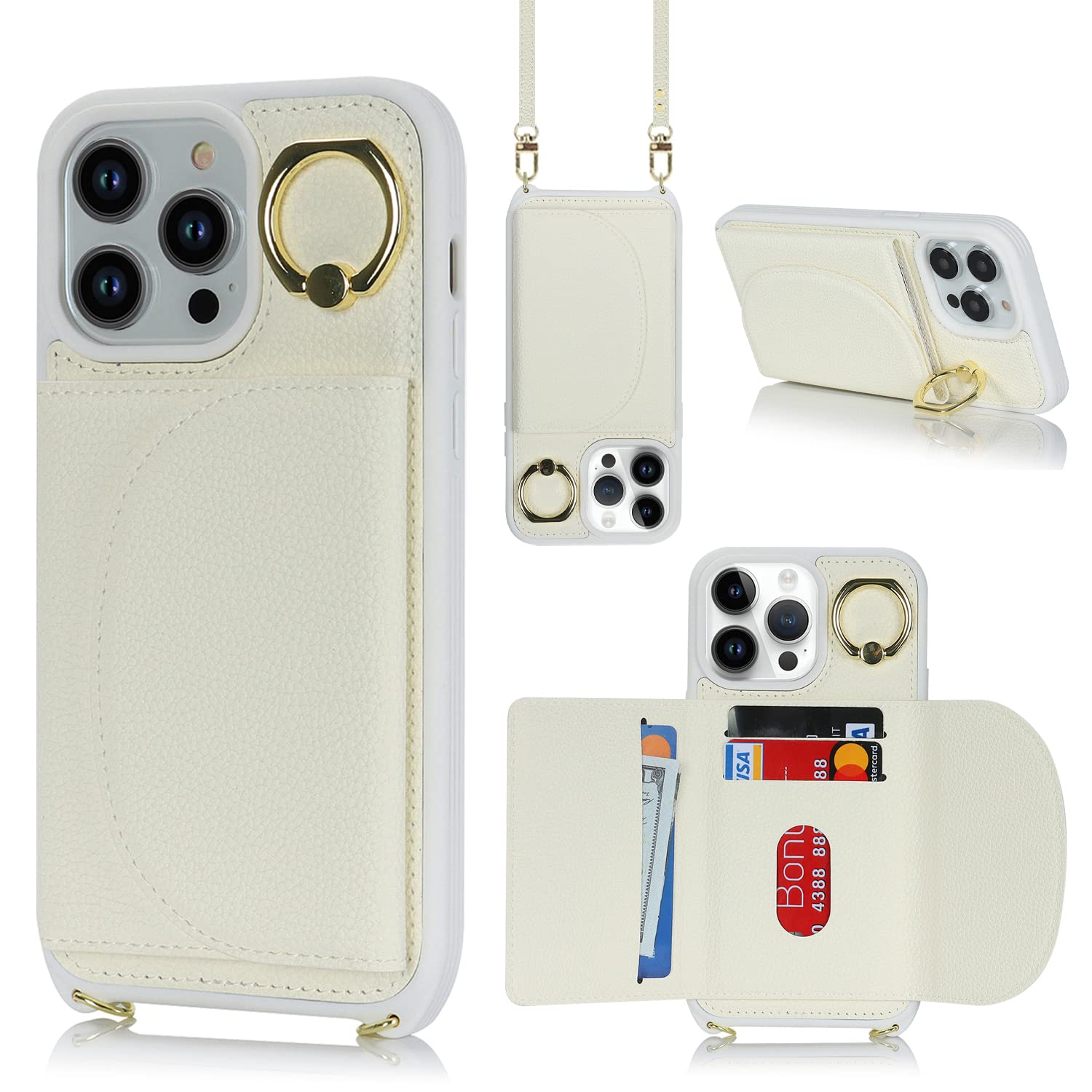 Cavor Crossbody iPhone 14 Pro Max Phone Case With Card Holder With Strap,Flip Leather Wallet Case,[4 Card Holder][Ring Stander][Magnetic],Lanyard Cover Case for iPhone 14 Pro Max - White