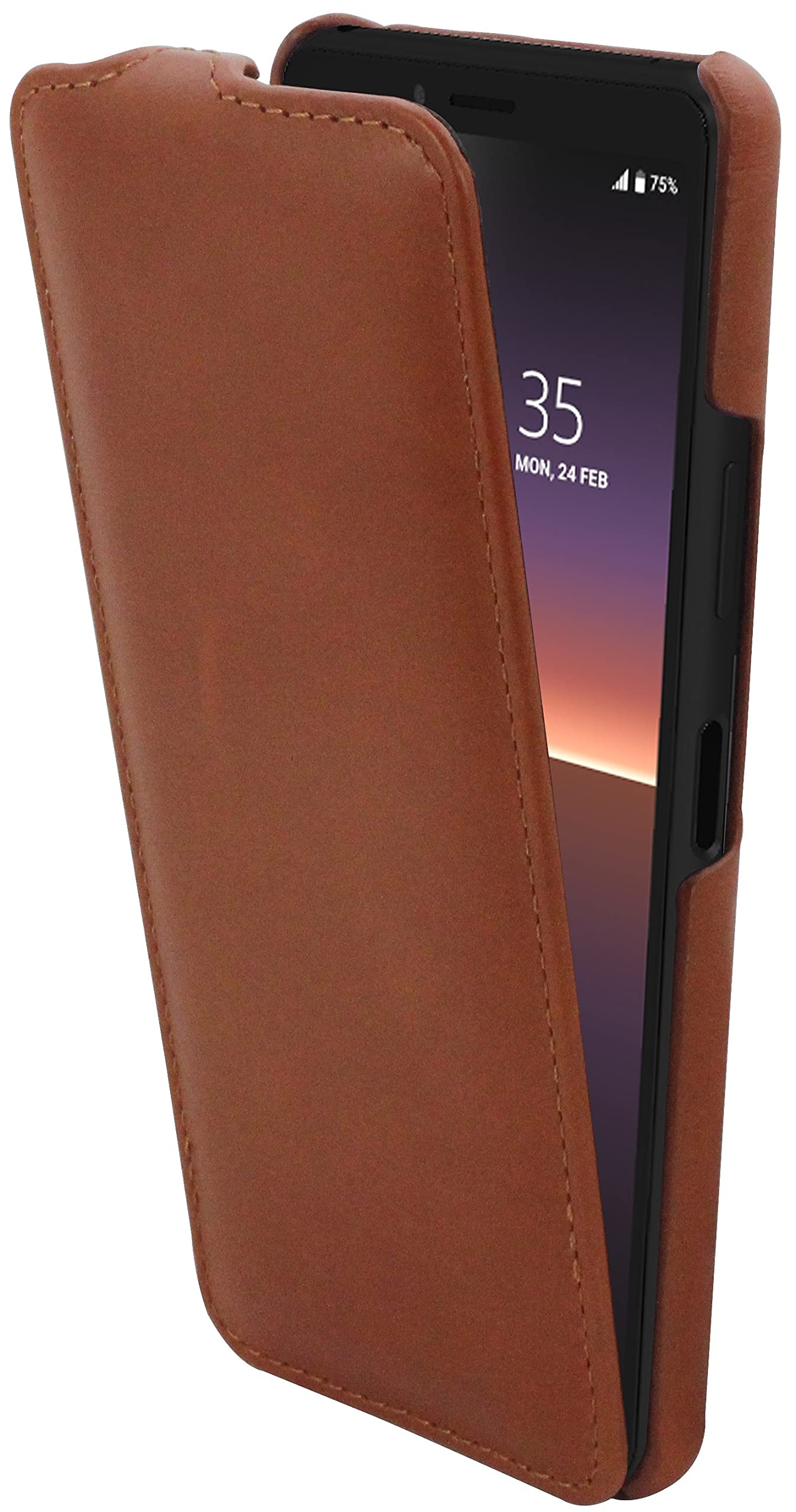 STILGUT Case Compatible with Sony Xperia 10 II Vertical Flip Case with Clip Closure Genuine Leather Cognac