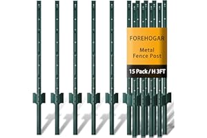FOREHOGAR Metal Fence Post 3 Feet Green, Pack of 15, T Posts for Wire Fence, No Dig Steel U Posts Fencing for Lawn Garden Wire Mesh Fence Poles Sign Outdoor Light Duty