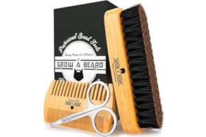 GROW ALPHA BEARD Beard Brush For Men & Beard Comb Set w/Mustache Scissors Grooming Kit, Natural Boar Bristle Brush, Dual Action Wood Comb, And Travel Bag Great For Christmas Gift