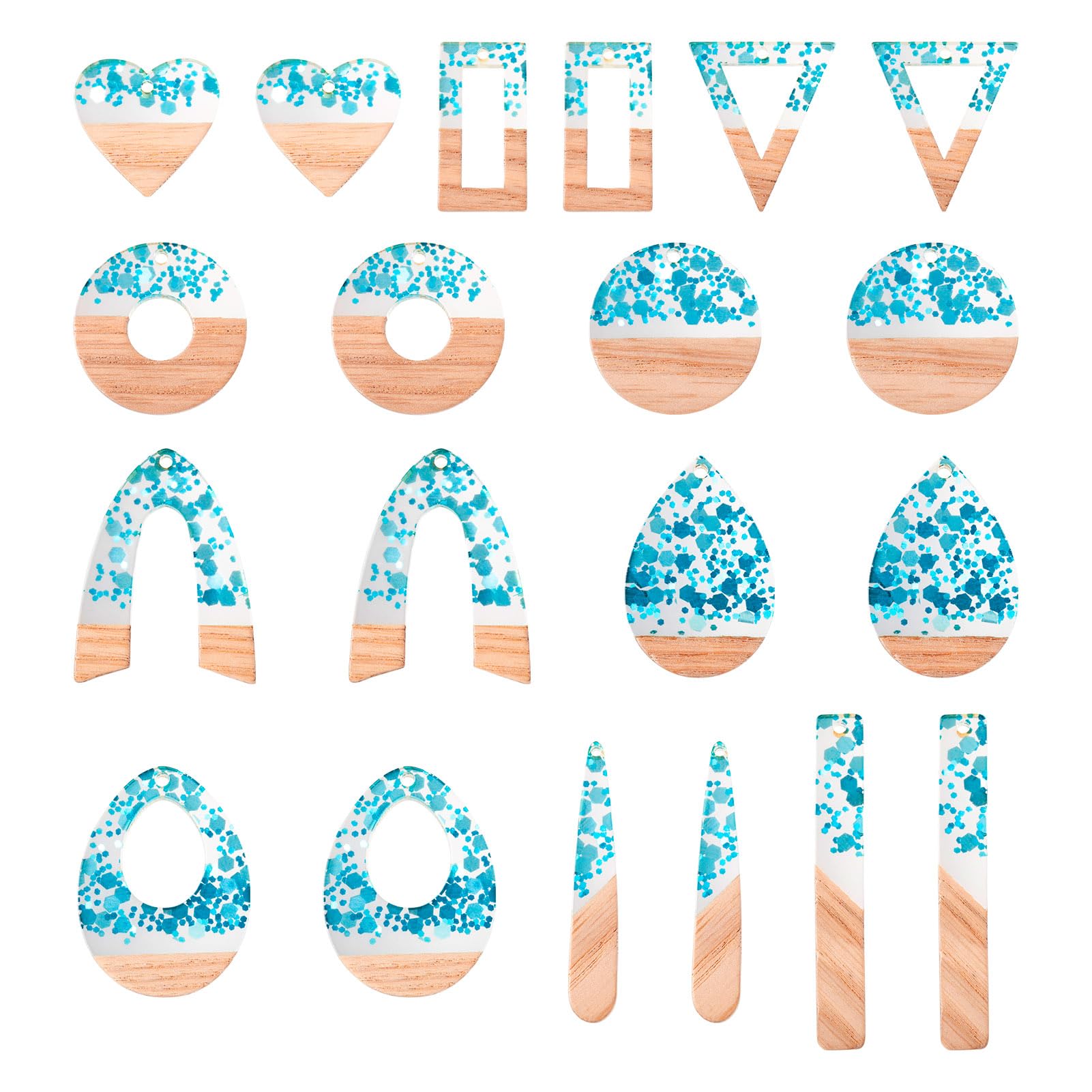 Crafans 20Pcs Resin & Wooden Pendants Teardrop Rectangle Hollow Resin &Wood Dangle Charms Donut Flat Round with Paillettes Pendants for DIY Jewelry Making,Light Sky Blue