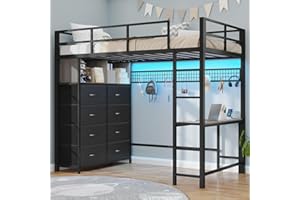 BTHFST Twin Loft Bed with Desk & 8 Storage Drawers Tall Dresser, Black Metal Loft Bed with LED Lights & Charging Station, 2-Tier Storage Shelves, Stable & Sturdy, Noise Free, Space Saving, Grey