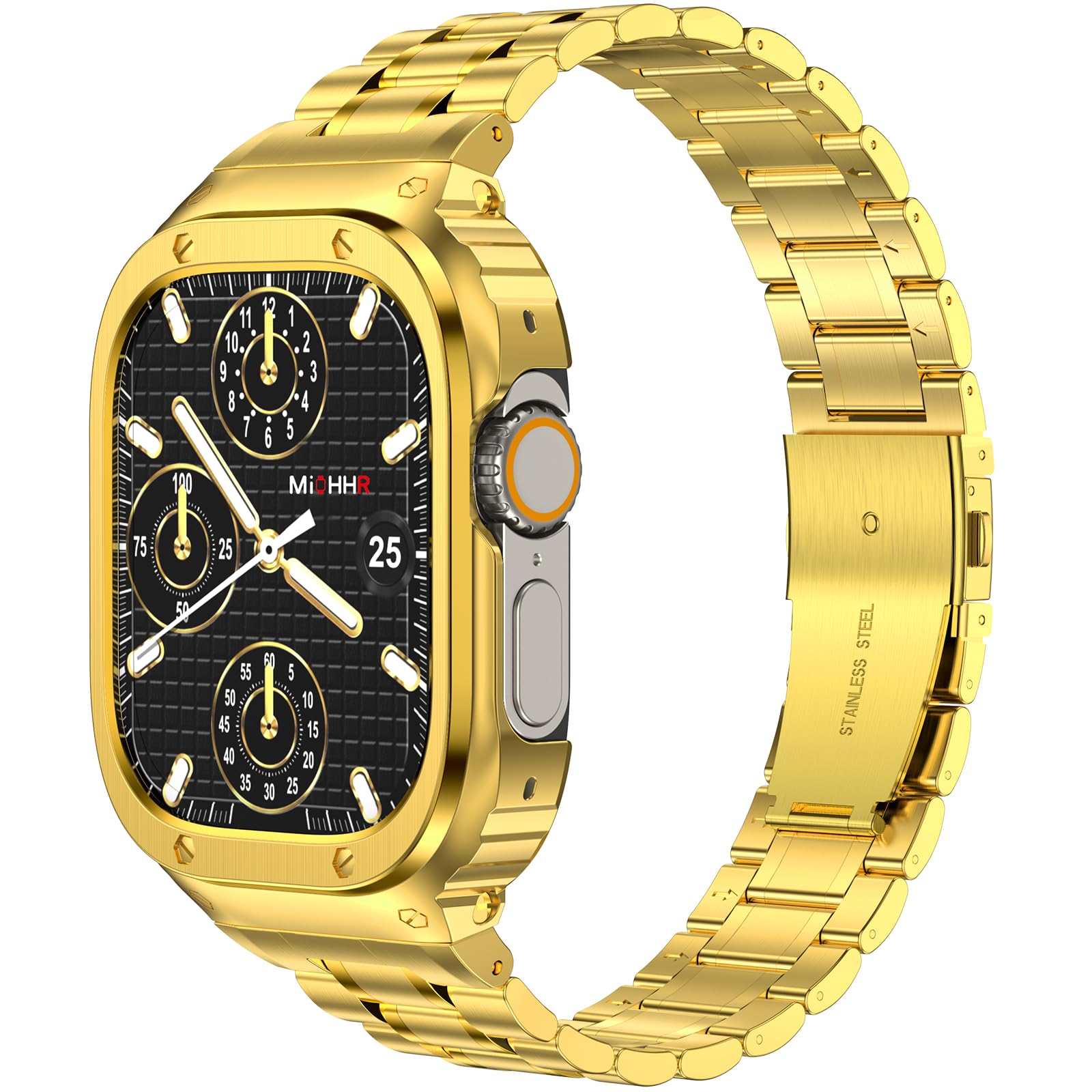 MioHHR Stainless Steel Watch Band with Case Compatible for Apple Watch Bands Ultra 3/2/1 49 mm,Rugged Strap with Metal Protective Bumper Cover for iWatch Ultra 3/2/1 for Men(Gold)