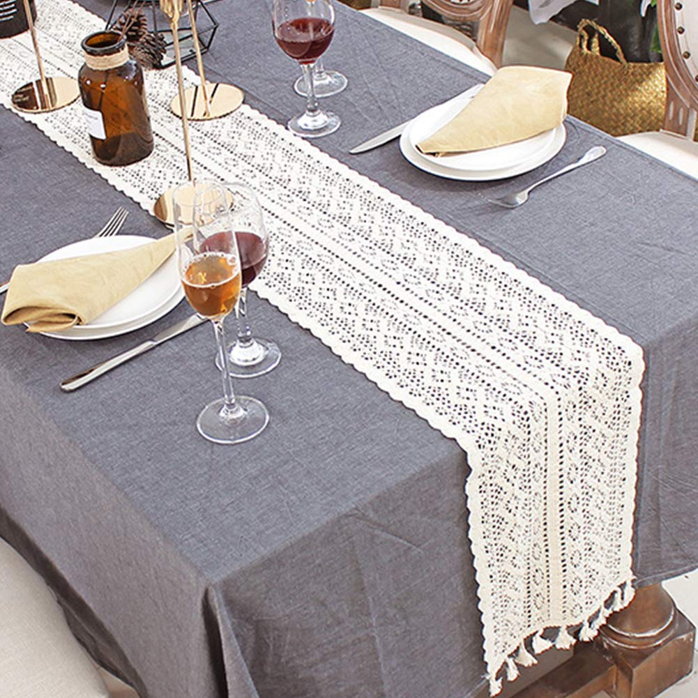 Dyda6 Macrame Table Runner, Cotton Crochet Lace Table Runner with Tassels, Vintage Wedding Table Runner Bohemians Dining Room Style for Wedding Bridal Dining Table(24x200cm),White