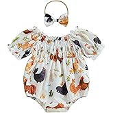 Newborn Baby Girl Farm Outfit Chicken Print Short Sleeve Romper Smocked Bodysuit Headband Infant Country Clothes