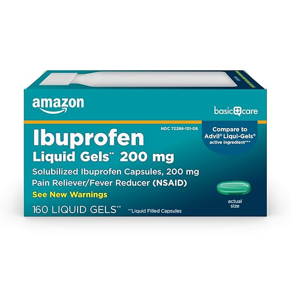 AMAZON BASIC CARE IBUPROFEN LIQUID GELS 200 MG, PAIN RELIEVER/FEVER REDUCER LIQUID FILLED CAPSULES, FOR HEADACHE, TOOTHACHE, BACKACHE, MENSTRUAL CRAMPS AND MORE, 160 COUNT