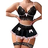 Foxiny Sexy Stocking Mini Skirt Wireless Mesh Lace Garter Lingerie with Thong Set 4 Pieces