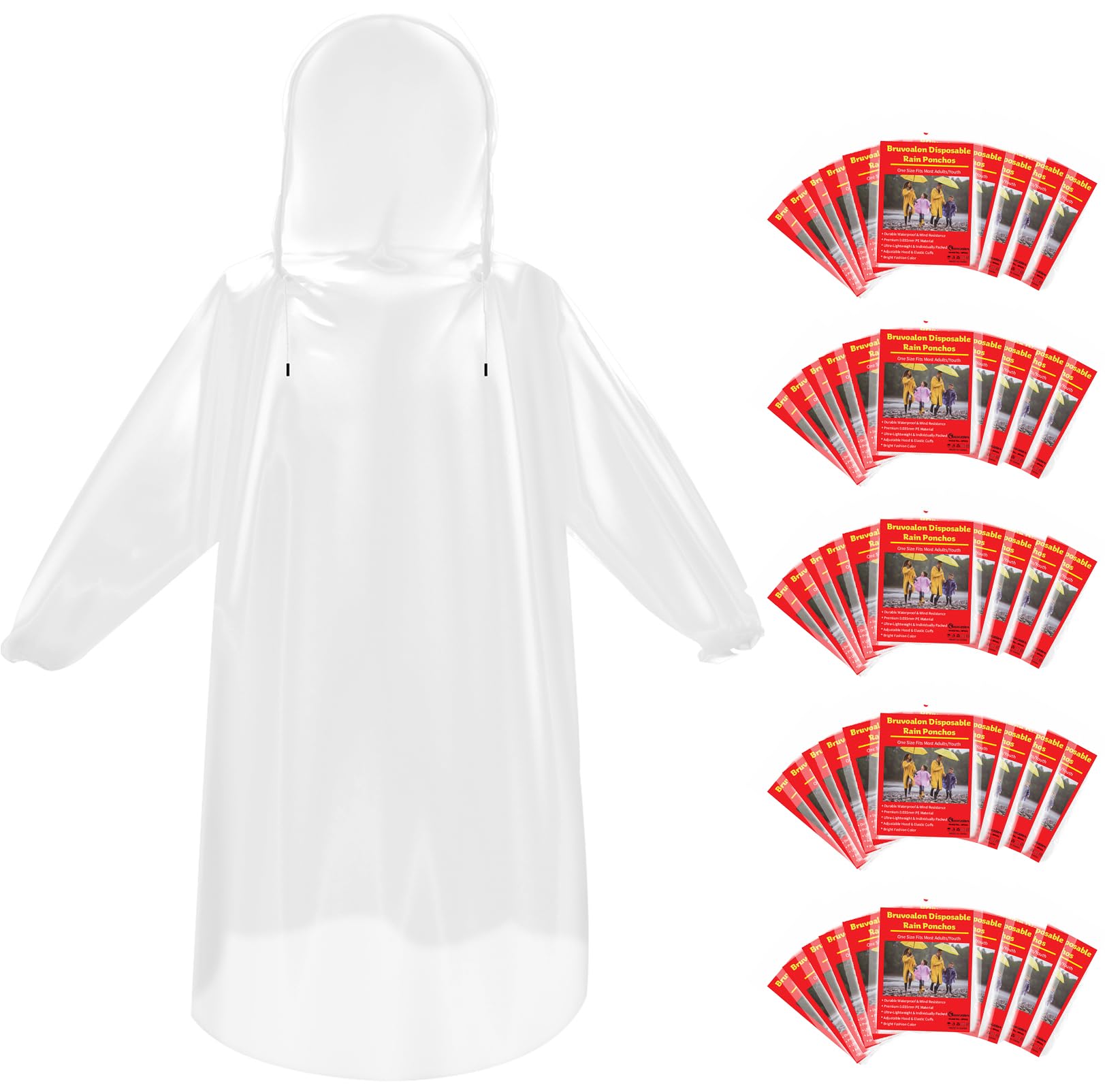 Photo 1 of ** ONLY ONE ** Bruvoalon 6 & 20 & 50 Pack Disposable Rain Ponchos for Adults/Youth, Waterproof PE Raincoats with Drawstring, Camping/Emergency