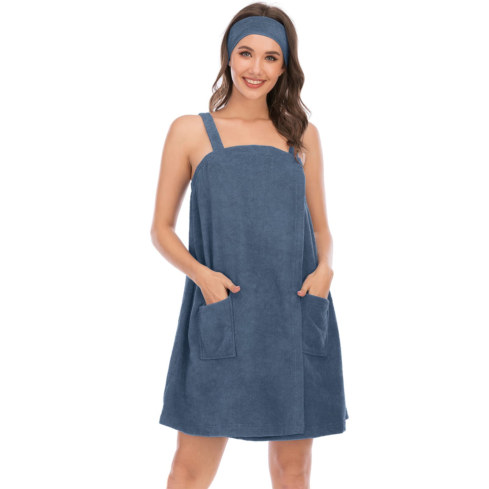 Jamron Womens Adjustable Towel Wraps Bathrobe With Headband for Gym Shower Spa & Beach Cover Ups Blue/Grey M