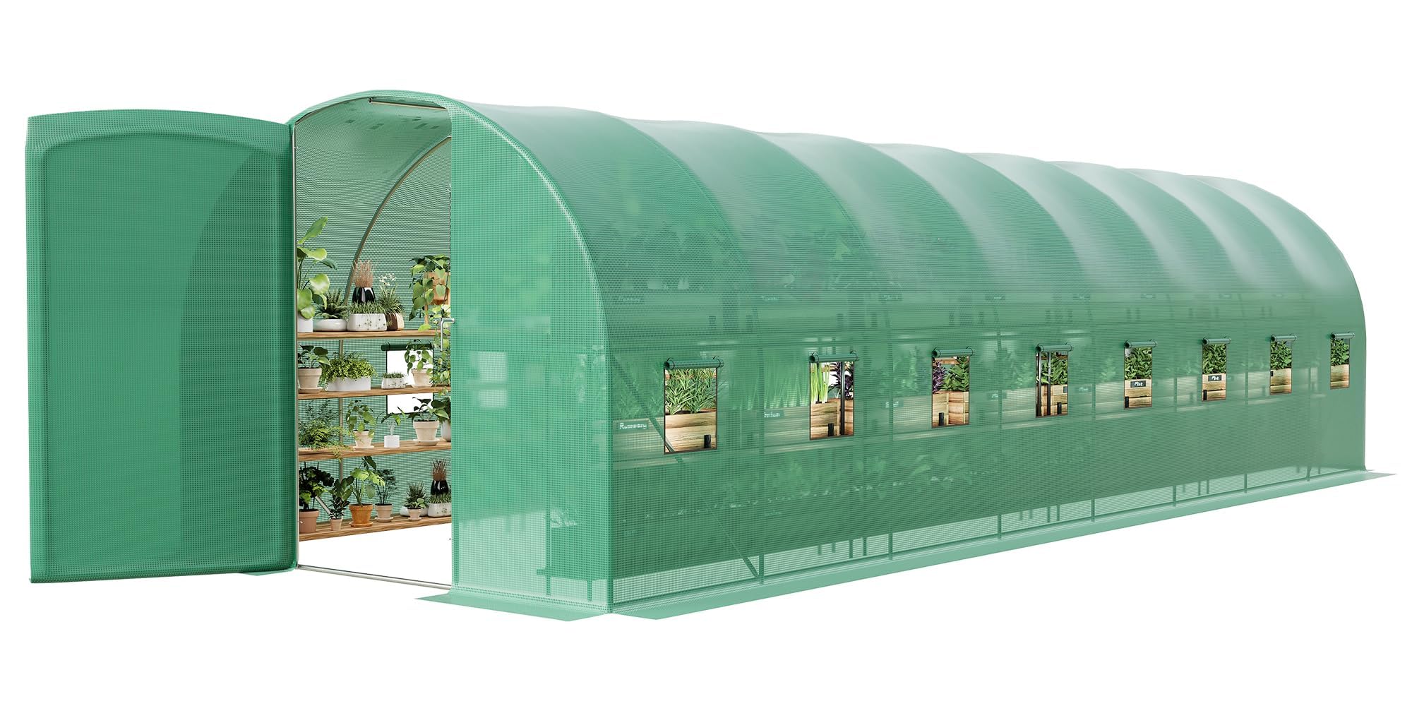 Photo 1 of 28×10×7.5 FT Walk-in Tunnel Greenhouse for Outdoors, Large Green House with Swing Door & 16 Vent Windows, Heavy-Duty Outdoor Greenhouse Frame with Green PE Cover for Backyard Gardening