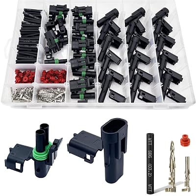 Twippo 15 Kits 2 Pin Connector Weather Pack Connectors Kit Automotive Electrical Waterproof Connectors 2 Wire Connectors with 60pcs Shrink Tubing Kit (18-14 AWG)