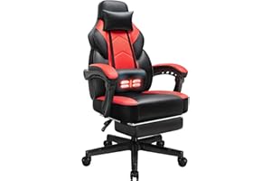 SUNLEI Gaming Chair for Adults, Ergonomic PU Leather Office Chair with Headrest & Footrest, Video Game Chairs with Massage Lumbar Support, Height Adjustable Computer Chair with 360° Swivel, Red