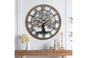 Micasso Non-Ticking Large Wall Clock: 24Inch Tree of Life Metal Black with Solid Wood Frame - Silent Battery Operated Clock for Living Room/Office/Bedroom/Kitchen - Home Decor for Fashion-Conscious