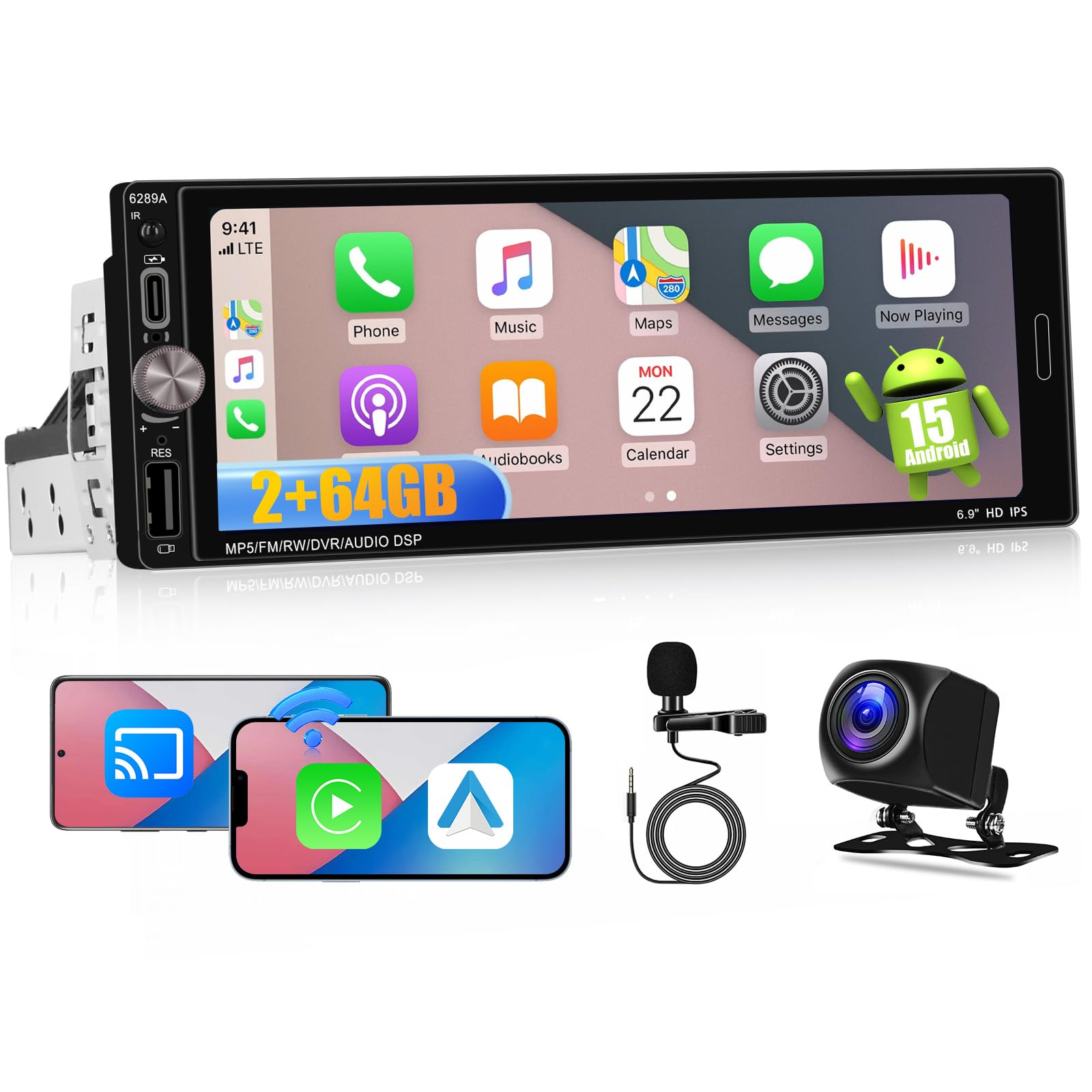 Photo 1 of [2+64GB] Hikity Single Din Car Radio Support Wireless CarPlay/Android Auto/Mirror Link, 6.9” IPS Touchscreen Radio with Bluetooth 5.0/Type-C/USB/GPS Navigation/WiFiDSP/EQ/FM/RDS/SWC+Backup Camera