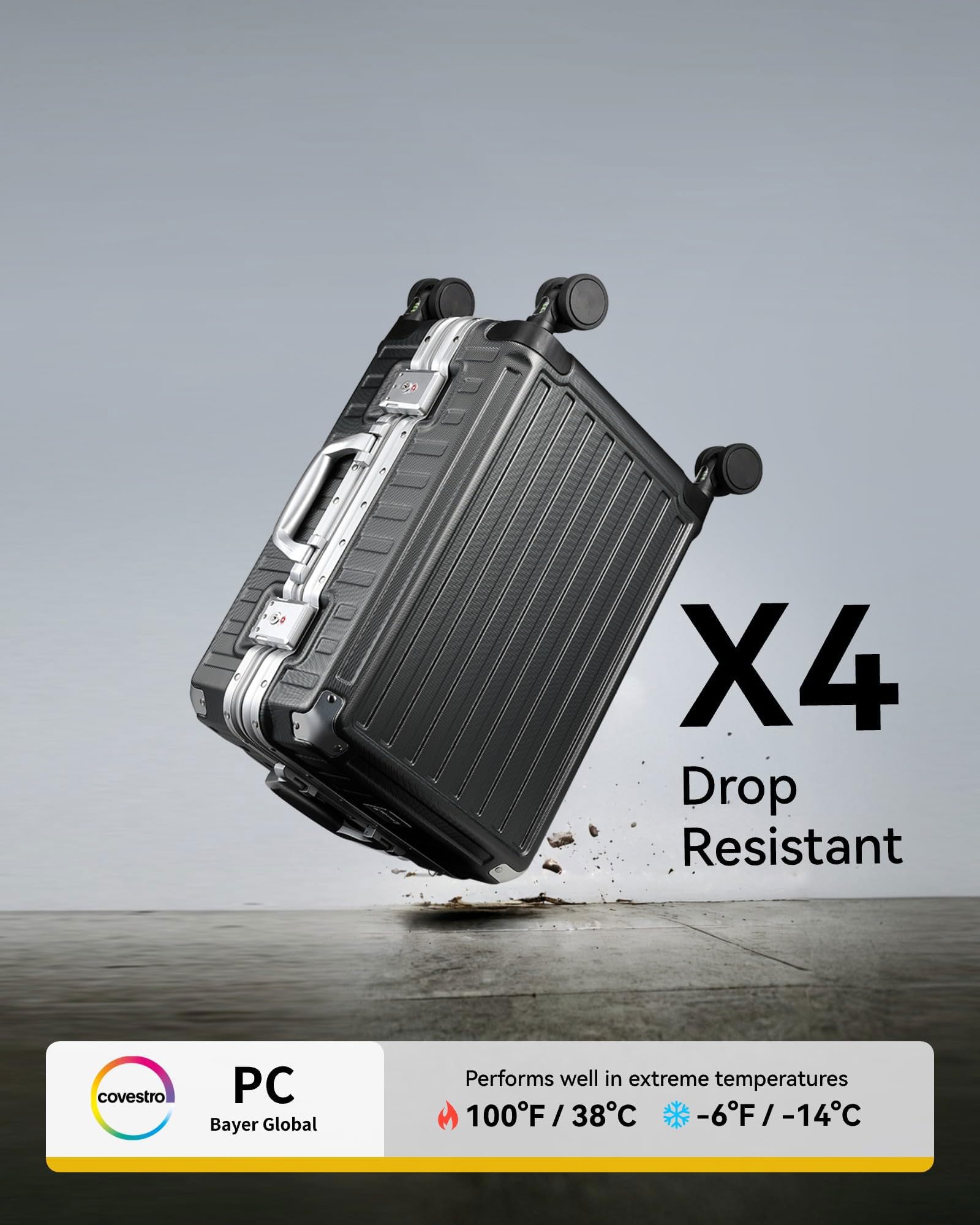 LUGGEX Checked Suitcase with Spinner Wheels, 28 Inch Aluminum Frame Zipperless Polycarbonate Hard Shell Suitcase, Charcoal Metallic