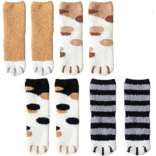 4 Pares De Calcetines De Peluche Para Mujer - Calcetines Térmicos De Invierno Con Diseño De Gatitos, Suaves Y Antideslizantes