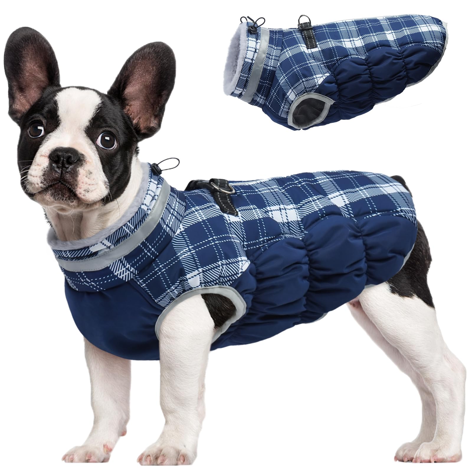 Photo 1 of FUAMEY Dog Coat for Medium Dogs,Waterproof Dog Winter Jacket with Harness Built in Puppy Cold Weather Coats Reflective Pet Vest with Zipper Warm Fleece Dogs Snowsuit Windproof Blue Plaid M