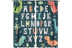 GODAZZLING Dinosaur Kids ABC Blackout Windows Curtains, Cartoon Watercolor Dino ABC Alphabet Educational Learning Colorful Curtains, for Kid Children Boys Girls Living Room Bedroom 21(W)*45(L) 2 Panels