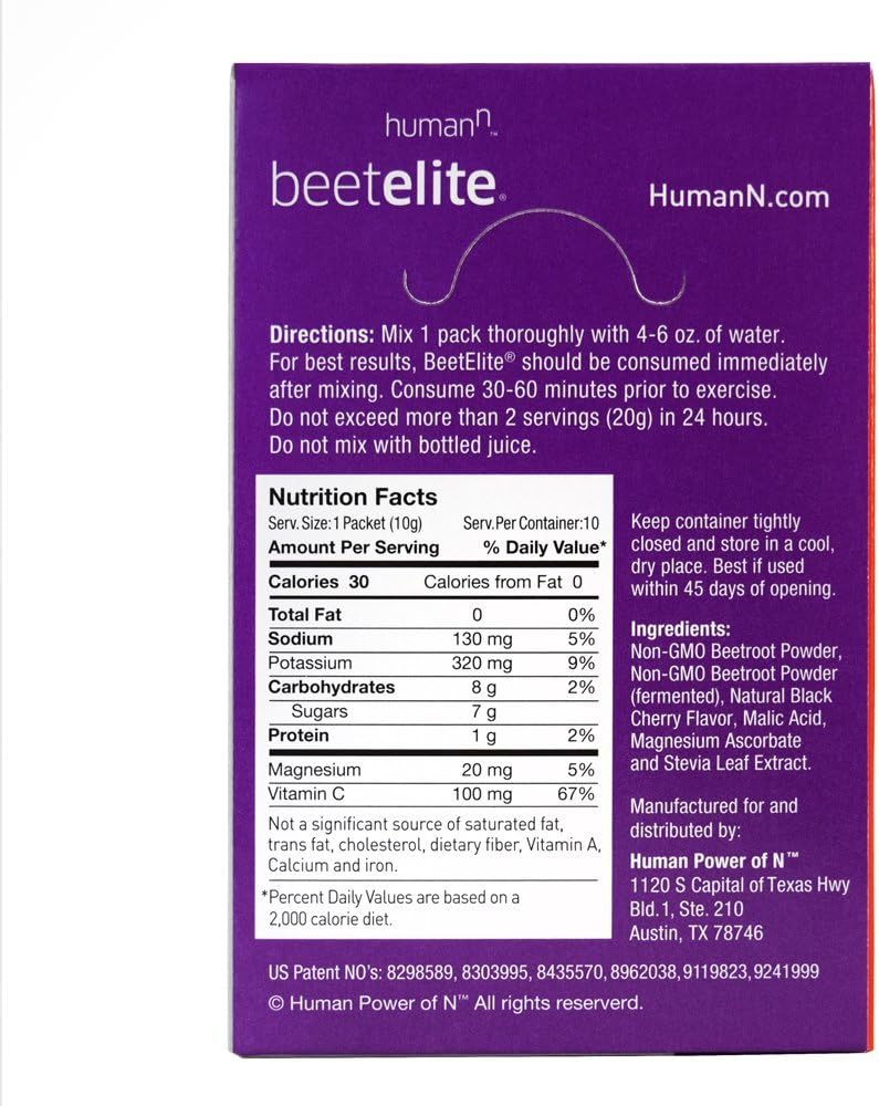 HumanN BeetElite Superfood Concentrated Beet Powder Nitric Oxide Boosting Athletic Endurance Supplement (Black Cherry Flavor, 0.35-Ounce, 10 Packets), Beet Red, 10 Servings: Health & Personal Care