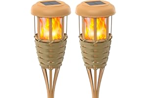 Evelynsun Flickering Flames Solar Powered Lights - Upgraded Solar Torches Waterproof Outdoor Decorative Lighting Auto On/Off, Handmade Bamboo Finish, 2-Pack