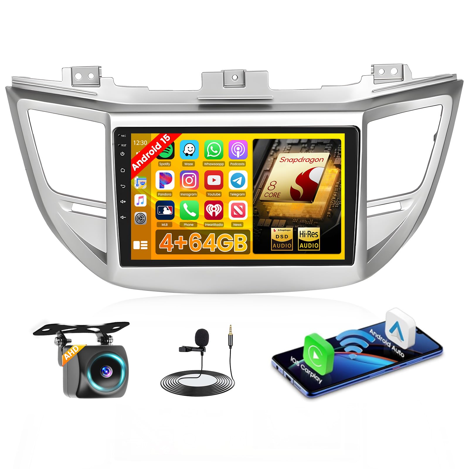 Photo 1 of ?Qualcomn Chipset? 8 Core 4+64GB Android 15 Car Stereo for Hyundai Tucson 2015-2018, 9 Inch Touch Screen Carplay Android Auto Radio DSP Hi-Res Picture in Picture+AHD Backup Camera Voice Assistant