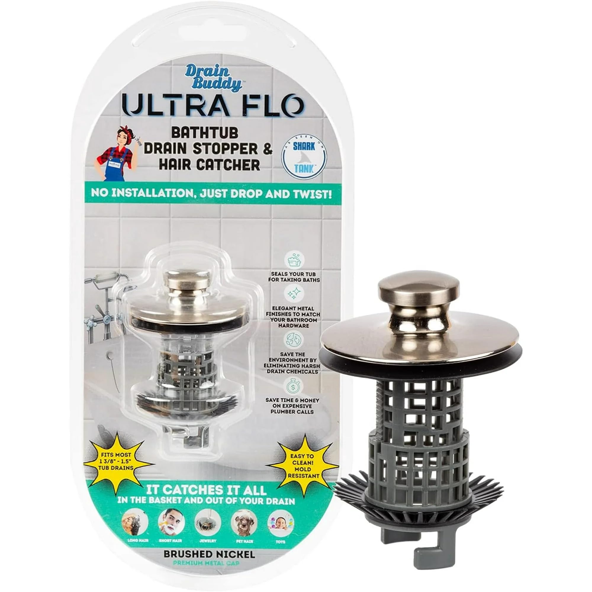 Photo 1 of Drain Buddy Ultra Flo No Installation 2 in 1 Clog Preventing Tub Drain Stopper and Hair Catcher for 1 3/8" to 1.5" Bathtubs and Utility Sinks Brushed Nickel Metal Cap