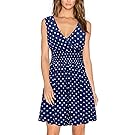 OUGES Women's Sleeveless V Neck Pleated Pocket Party Cocktail Chiffon Dresses, Navy Dot, XXL