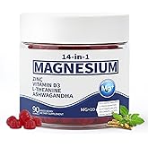 14-in-1 Magnesium Complex Gummies with Ashwagandha, L-Theanine, D3 & Zinc – Magnesium Glycinate Cortisol Support Supplement for Women & Men – 90 Count (1)