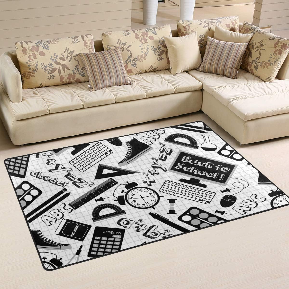 Black White School Supplies Pattern Area Rugs Living Room