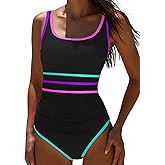 popvil Women's One Piece Swimsuits 2025 Tummy Control Bathing Suit Beach Outfit Sexy Neon 1 Piece Sport Swim Suits,Stripe2,Large