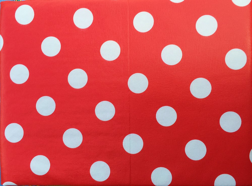 High Quality Vinyl Felt Backed Tablecloth, Thicker, Last Longer, Stain Resistant for Indoor and Outdoor - Polka Dot on Red Background (54 x 72)