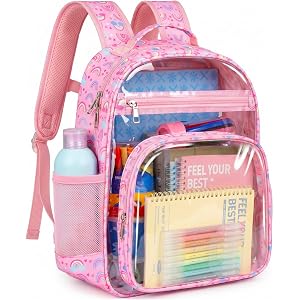 Soimeat Clear Backpack for Girls - Kids Clear Bookbag for Elementary School | Fabric & PVC Transparent Backpacks, Pink Rainbo