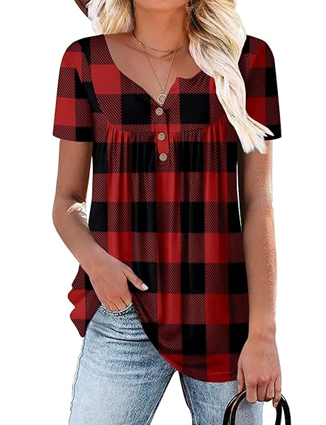 MYSTRY ZONE WOMEN TARTAN PLAID SHIRT SHORT-SLEEVED CASUAL LOOSE FIT TOPS WITH PLEATED CHEST RED M