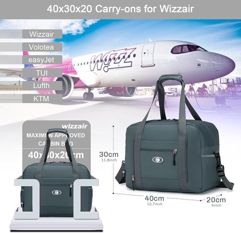 Bolsa de Viaje 40x30x20 Plegable Para Vueling Wizzair - Maleta de Mano Impermeable de Hombro, Deportiva y Fines de Semana 25L Gris
