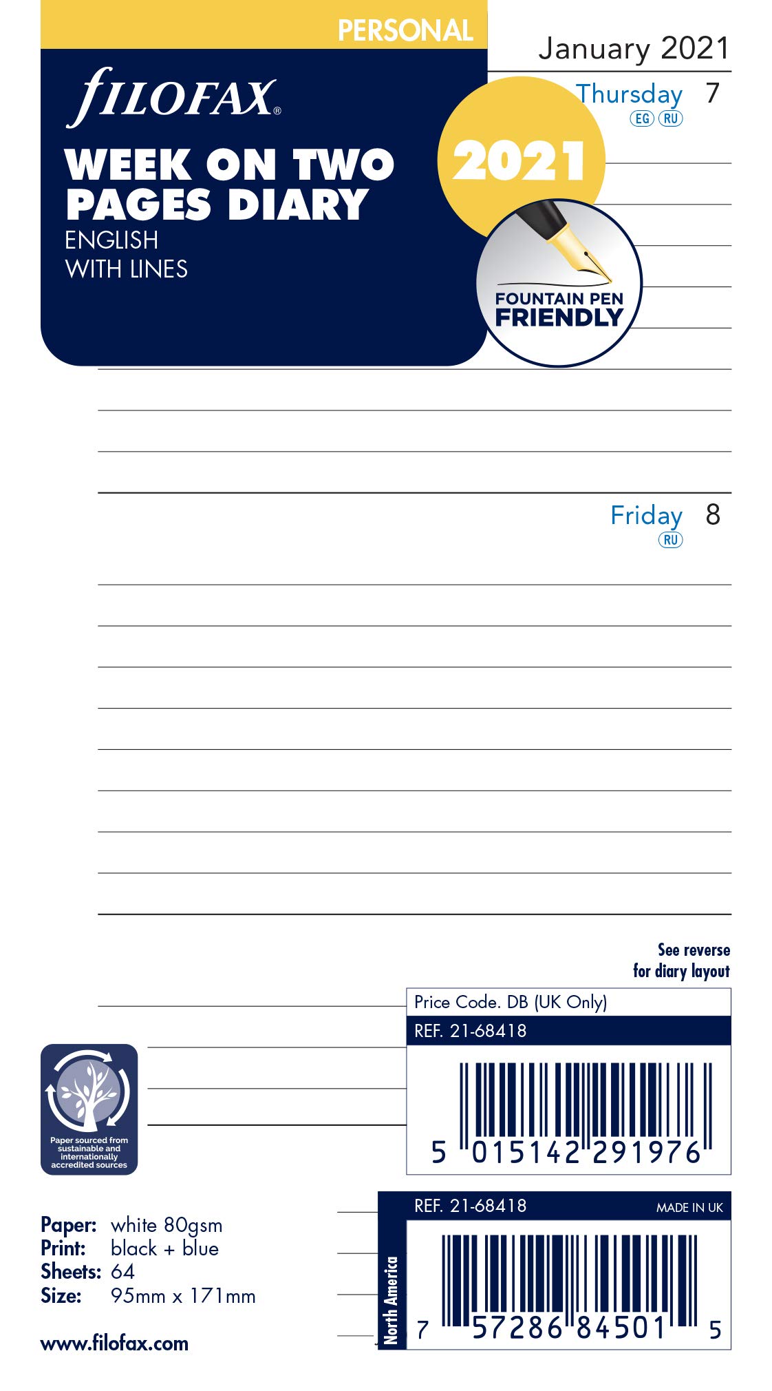 Filofax Personal Week on Two Pages Lined 2021 Diary