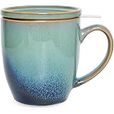 Bosmarlin Ceramic Tea Cup with Infuser and Lid, 16 Oz, Loose Leaf Tea Steeper Mug with Strainer, Microwave and Dishwasher Safe, Reactive Glaze (16 Oz, Pale Green)