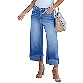 GRAPENT Wide Leg Jeans for Women High Waisted Stretchy Denim Crop Pants Fold Hem Cropped Baggy Jeans with Pockets
