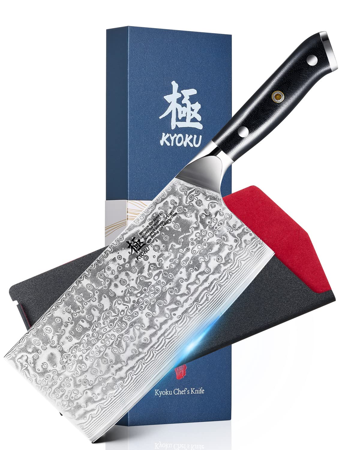 Photo 1 of **BLADE CHIPPED** KYOKU Gin Series Vegetable Cleaver Knife, 7" Asian Vegetable Knife, Japanese Style VG10 Damascus Stainless Steel Knife, with Silver Ion Blade G10 Handle Mosaic Pin Sheath & Case
