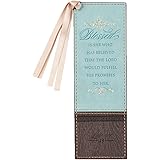 Christian Art Gifts Blue Faux Leather Bookmark | Blessed Is She - Luke 1:45 Bible Verse Inspirational Bookmark for Women w/Sa