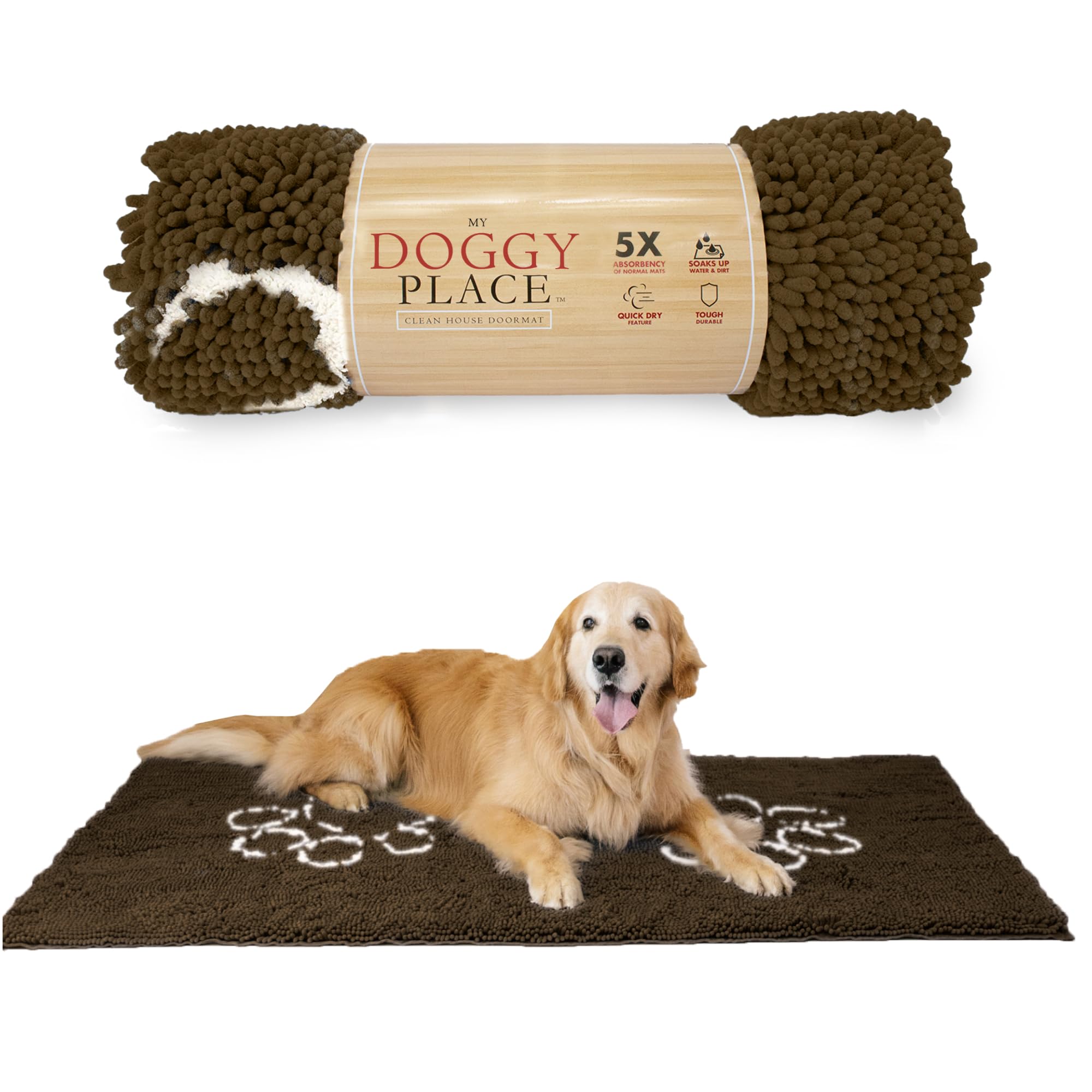 My Doggy Place - Ultra Absorbent Microfiber Dog Door Mat, Durable, Quick Drying, Washable, Prevent Mud Dirt, Keep Your House Clean (Brown w/Paw Print, Runner) - 60 x 36 inch
