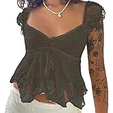 Women Lace Babydoll Tee Cap Sleeve Ruffle Peplum Tank Top Floral Lace Coquette Shirt Low Cut Going Out Top