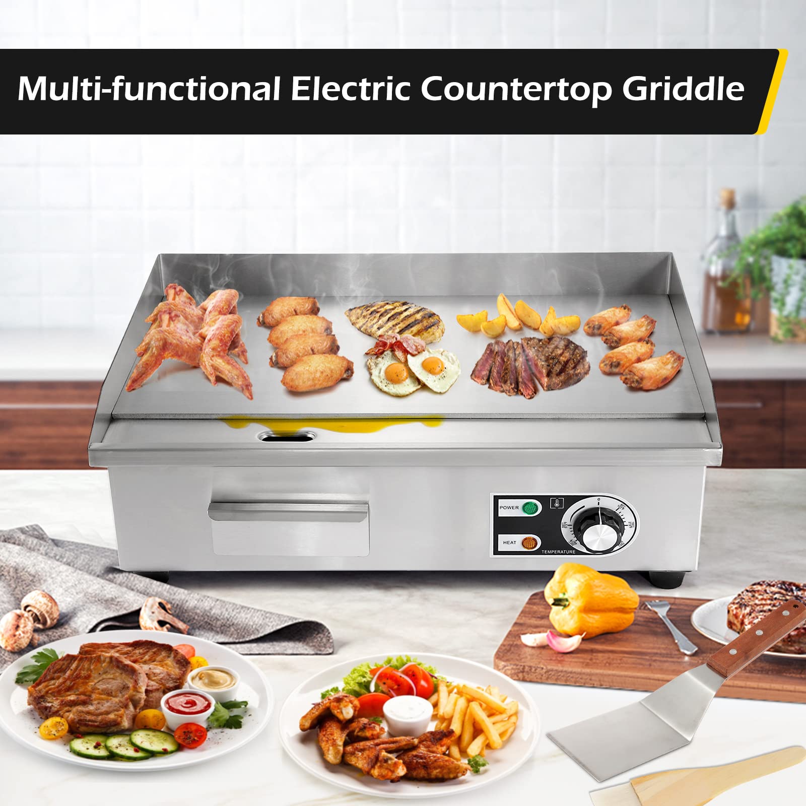 Dyna-Living Commercial Electric Griddle 22'' Flat Top Grill Countertop 3000W Stainless Steel Electric Griddle Nonstick Commercial Flat Top Griddle Countertop Grills, 122°F-572°F Temp Adjustable