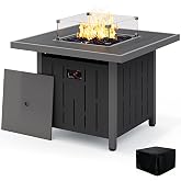 SERWALL 33" Square Outdoor Fire Pit Table with Lid, Black | 50,000 BTU Propane Fire Pit Table with Lid, Glass Rock &amp; Glass Wind Guard, HDPE Outdoor Furniture for Patio, Garden, Backyard