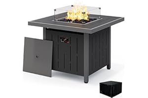 SERWALL 33" Outdoor Fire Pit Table, 50,000 BTU Square Propane Fire Pit Table with Lid, Glass Rock & Glass Wind Guard, HDPE Outdoor Furniture for Patio, Garden, Backyard, Black
