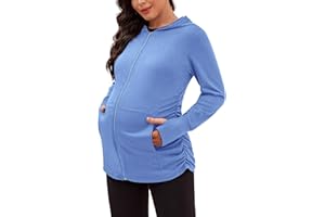 DEBELLY Maternity Sweatshirts Long Sleeve Full Zip Hoodie Casual Pregnancy Women Jacket Top with Pockets,Thumb Hole,Side Ruch