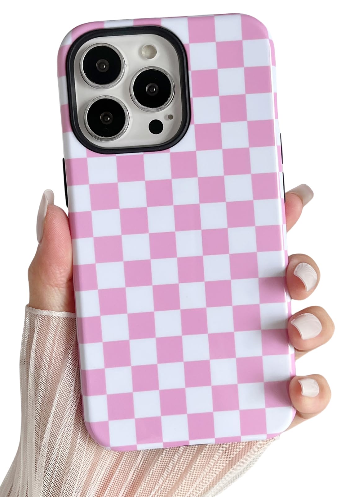 Longlayss Compatible with iPhone 11 Pro Max Case Cute Aesthetic Checkerboard Checkered Phone Case for Women Girl Shockproof Slim TPU and Hard PC Protective Cover (Pink)