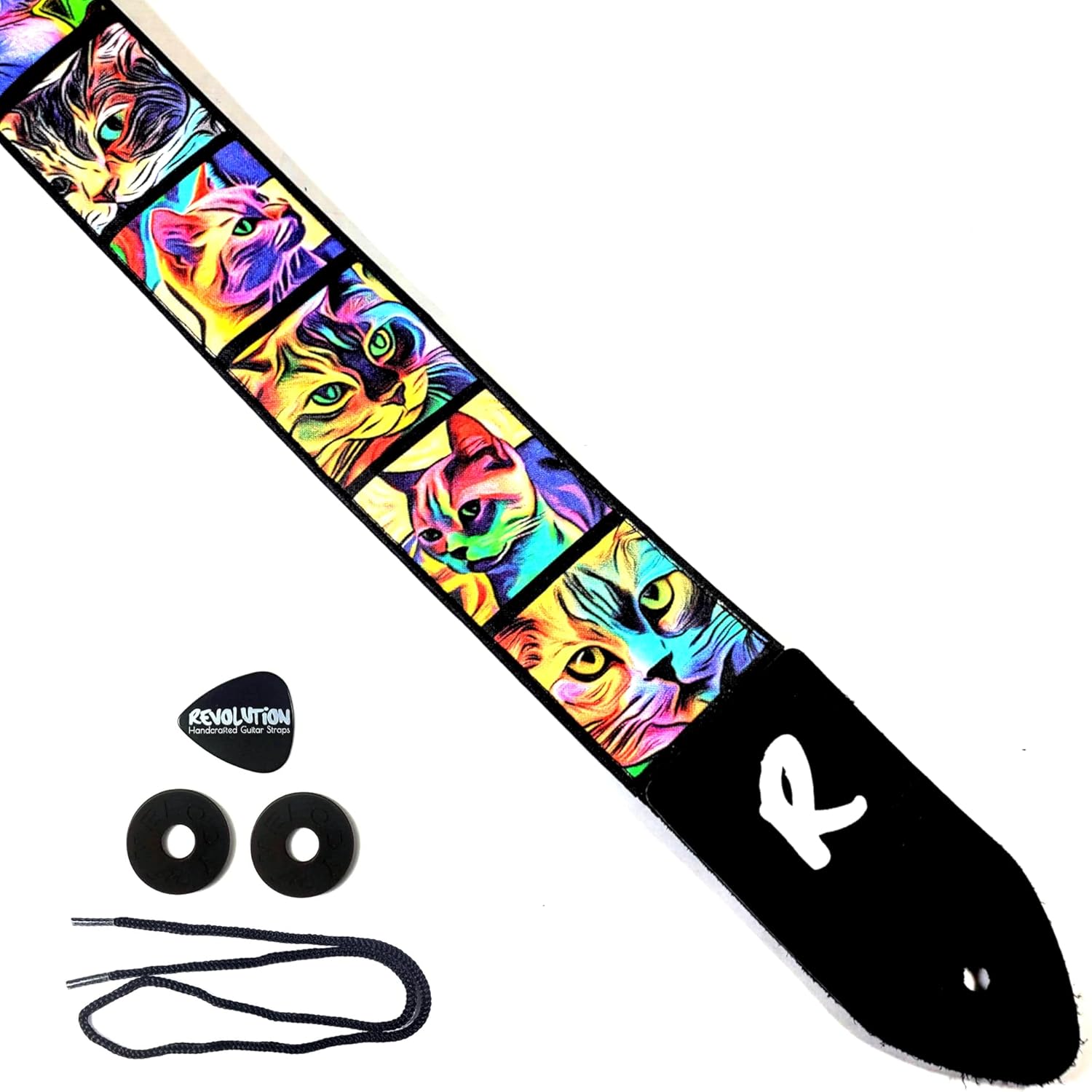 Mixed Media - Rainbow Cat Guitar Strap, Genuine Leather Ends, Includes 2 Strap Locks & 1 Pick. Adjustable Strap, Pick Pocket, For Bass, Electric & Acoustic Guitars Gift for Guitar Players Men, Women & Kids