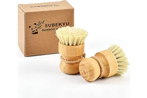 Bamboo Dish Scrub Brushes for Kitchen, Wooden Cleaning Scrubbers Set for Washing Cast Iron Pan/Pot, Natural Sisal Bristles, S